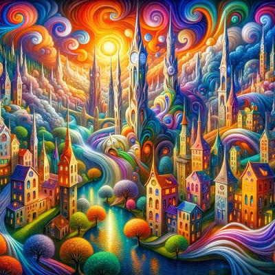 Primary subject: A colorful, whimsical painting of a city with a river flowing through it.

Setting/background: The painting features a cityscape with a mix of buildings, including clock towers, and a river flowing through the middle.

Visual style: The image is a digital art piece, showcasing a vibrant and imaginative cityscape.

Colors and mood: The painting is predominantly colorful, with a mix of warm and cool tones,